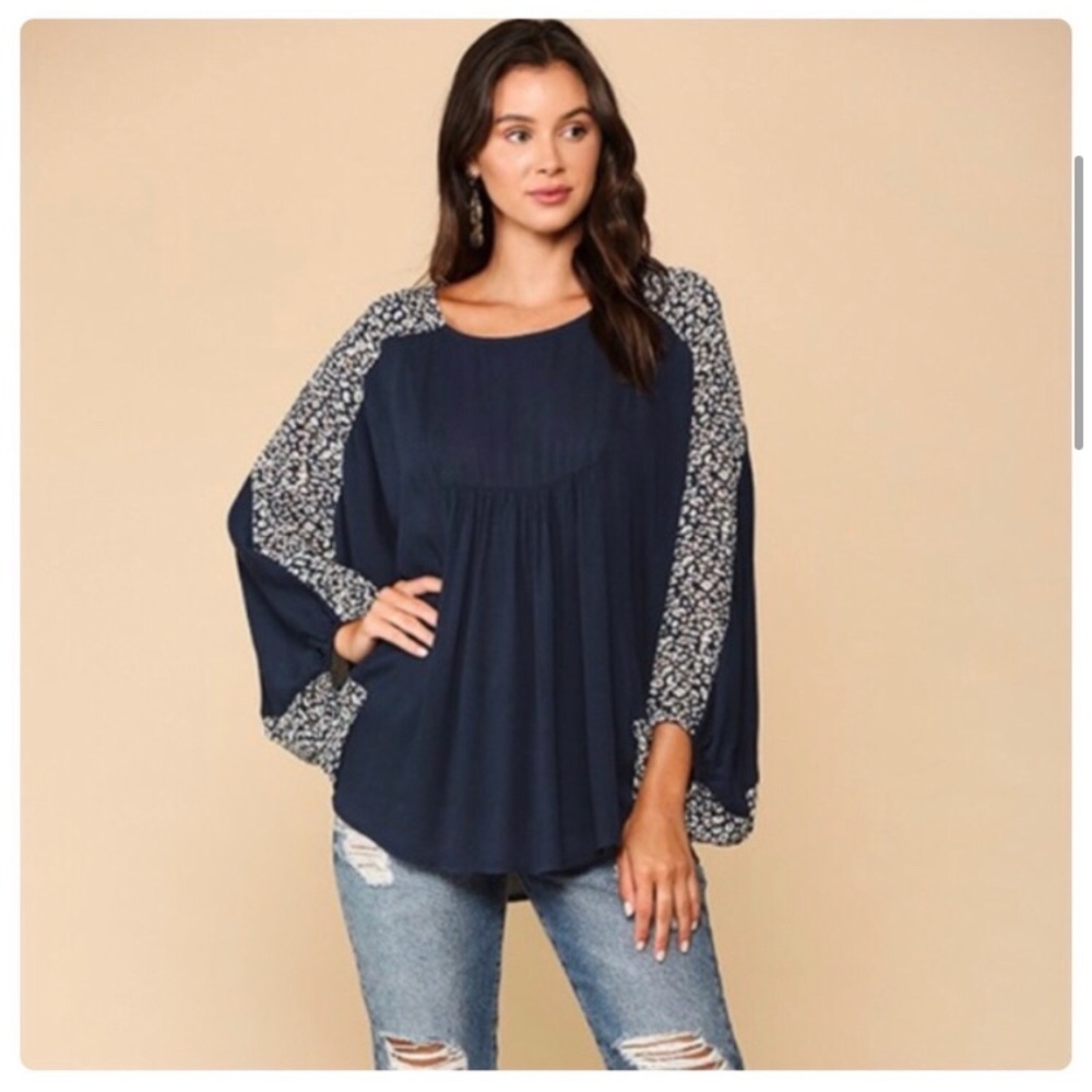 Navy Dolman Leopard Print Blouse - Picture 2 of 5
